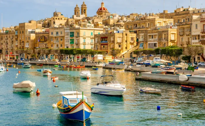 Boats Floating Against Valletta City Background, Malta