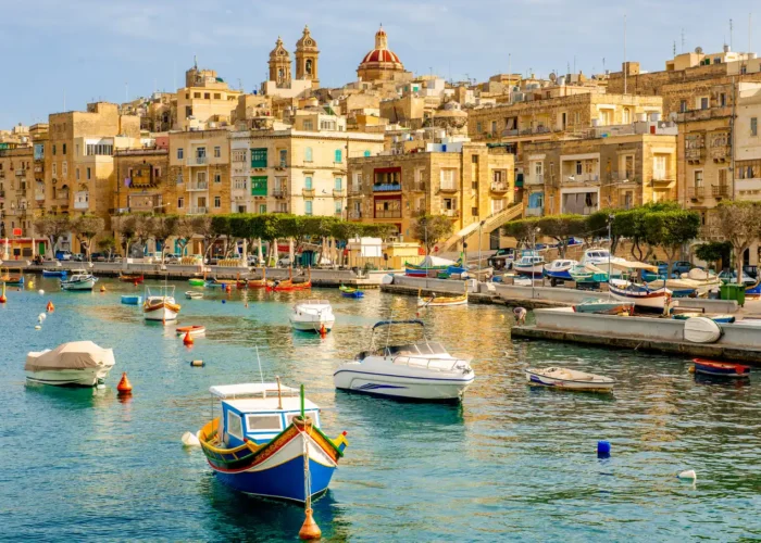 Boats Floating Against Valletta City Background, Malta