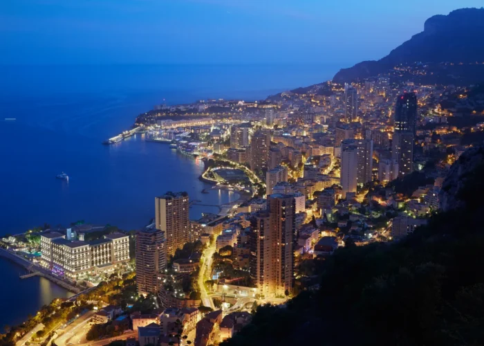 Montecarlo, illuminated city view in the evening, Monaco, Cote d'Azur