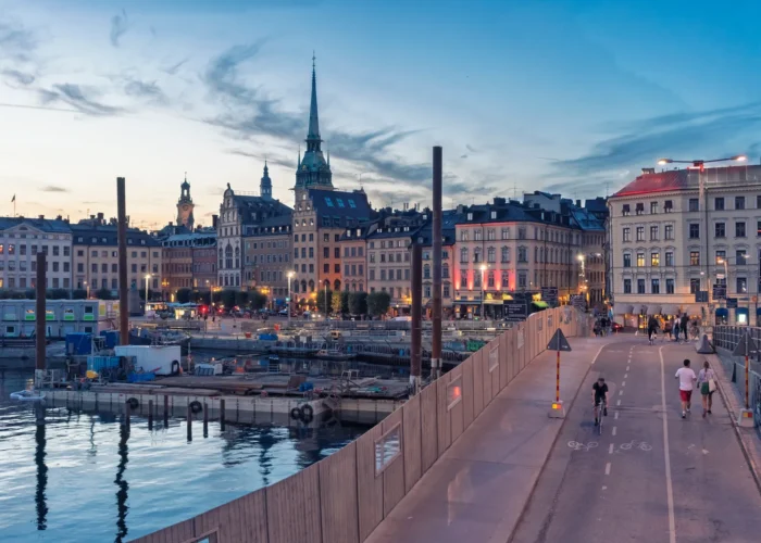 Sunset view over Stockholm bustling city waterfront