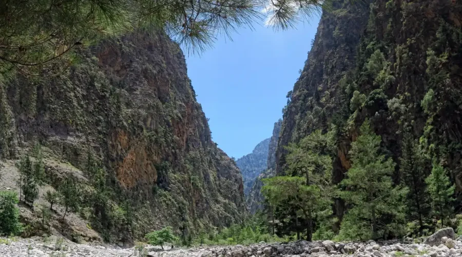 Hiking through Samaria Gorge in Crete, Greece.